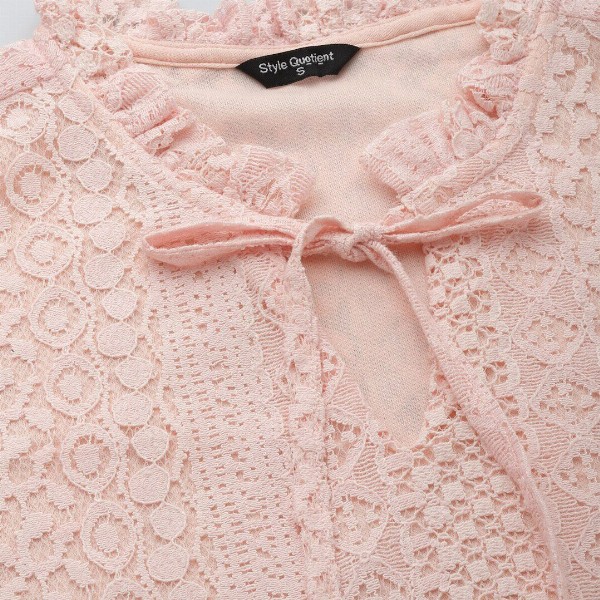 Style Quotient Self Design Tie-Up Neck Puff Sleeve Cotton Top