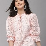 Style Quotient Self Design Tie-Up Neck Puff Sleeve Cotton Top
