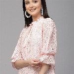 Style Quotient Self Design Tie-Up Neck Puff Sleeve Cotton Top