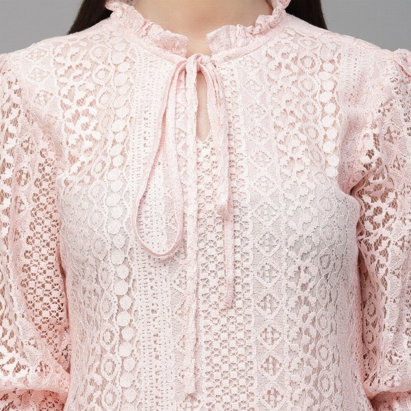 Style Quotient Self Design Tie-Up Neck Puff Sleeve Cotton Top