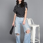 Mast & Harbour Black Striped Extended Sleeves Boxy Top