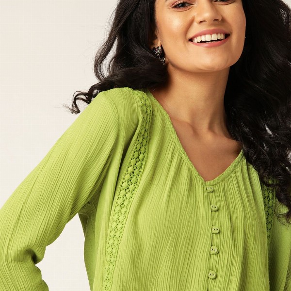 DressBerry Green Crochet Detail Bell Sleeve Regular Top