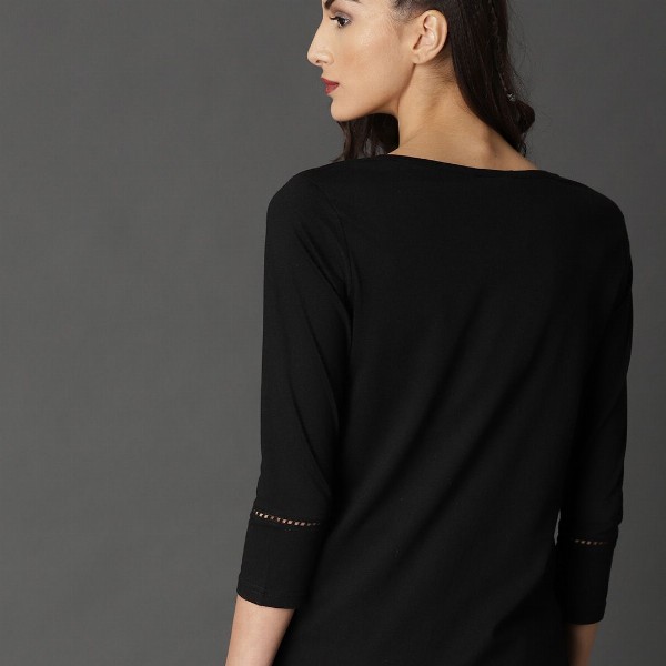 Roadster Black Solid Pure Cotton Top with Lace Detail