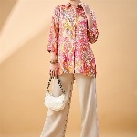 all about you Floral Print Cuffed Sleeves Longline Shirt Style Top