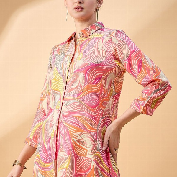 all about you Floral Print Cuffed Sleeves Longline Shirt Style Top