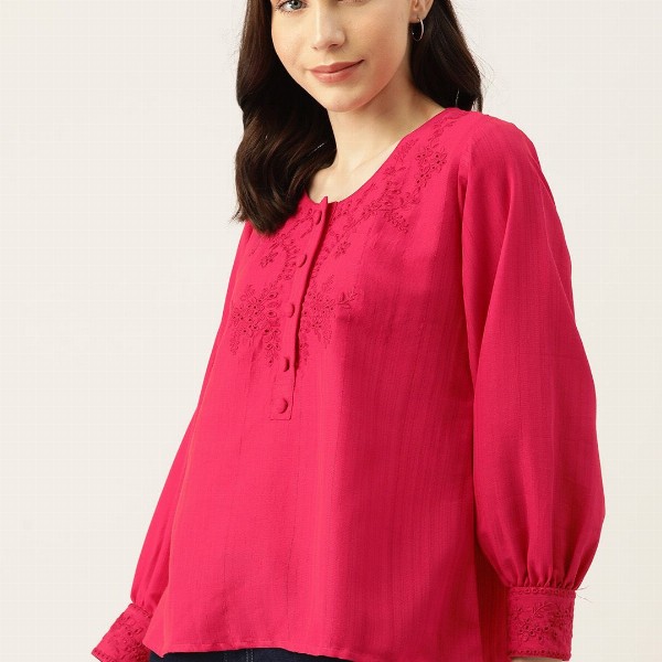 DressBerry Floral Embroidered Puff Sleeve Top
