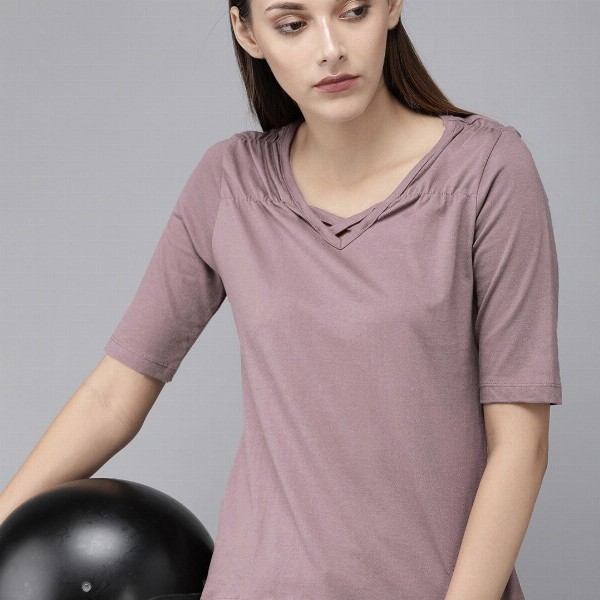 Roadster Women Mauve Solid Regular Pure Cotton Top