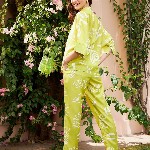 Athena Lime Green Floral Printed Linen Shirt Style Top