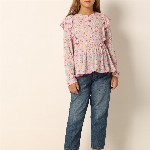 Vero Moda Girls Floral Printed Cuffed Sleeves Gathered Cotton Peplum Top