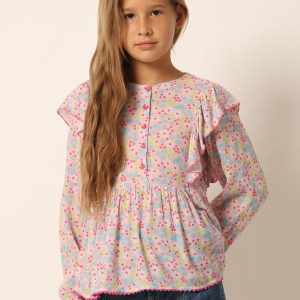 Vero Moda Girls Floral Printed Cuffed Sleeves Gathered Cotton Peplum Top