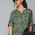 HERE&NOW Women Olive Green & Black Print Mandarin Collar Roll-Up Sleeves Top