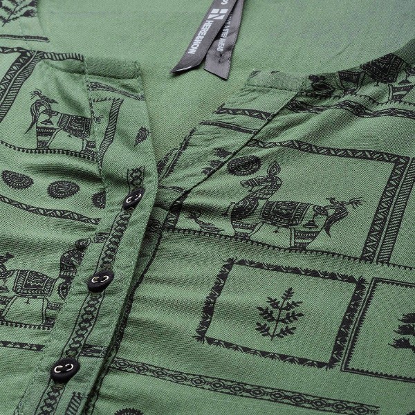 HERE&NOW Women Olive Green & Black Print Mandarin Collar Roll-Up Sleeves Top