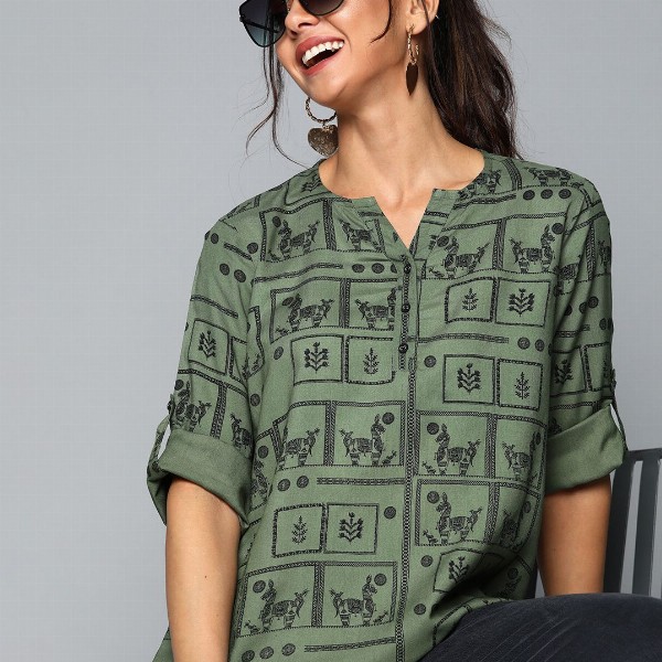 HERE&NOW Women Olive Green & Black Print Mandarin Collar Roll-Up Sleeves Top