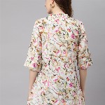 Divena Off White & Green Floral Print Mandarin Collar Roll-Up Sleeves A-Line Top