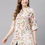 Divena Off White & Green Floral Print Mandarin Collar Roll-Up Sleeves A-Line Top