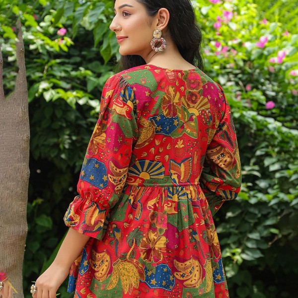 Rain & Rainbow Floral Printed Bell Sleeve Cotton Empire Top