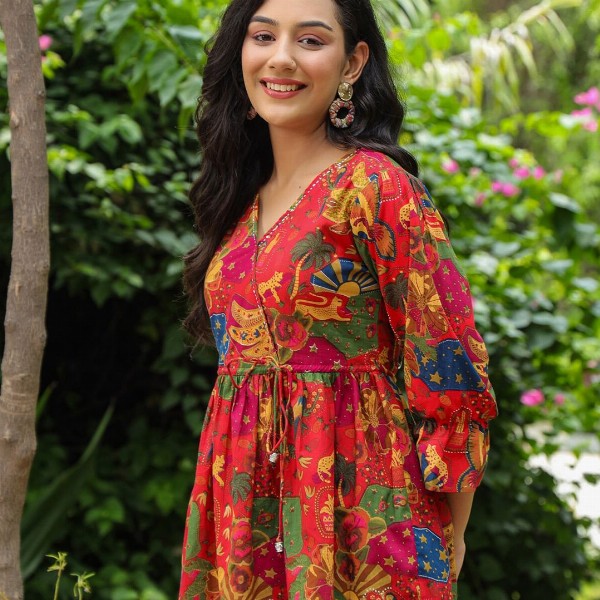 Rain & Rainbow Floral Printed Bell Sleeve Cotton Empire Top