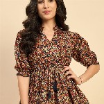 Azira Women Ethnic Printed Mandarin Collar Cotton Top