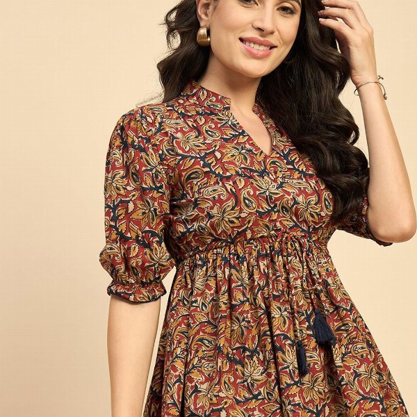 Azira Women Ethnic Printed Mandarin Collar Cotton Top