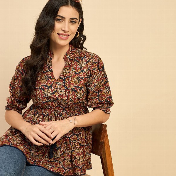 Azira Women Ethnic Printed Mandarin Collar Cotton Top