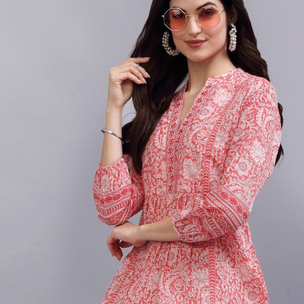 QOMN Coral & White Floral Print Mandarin Collar Pure Cotton Empire Top