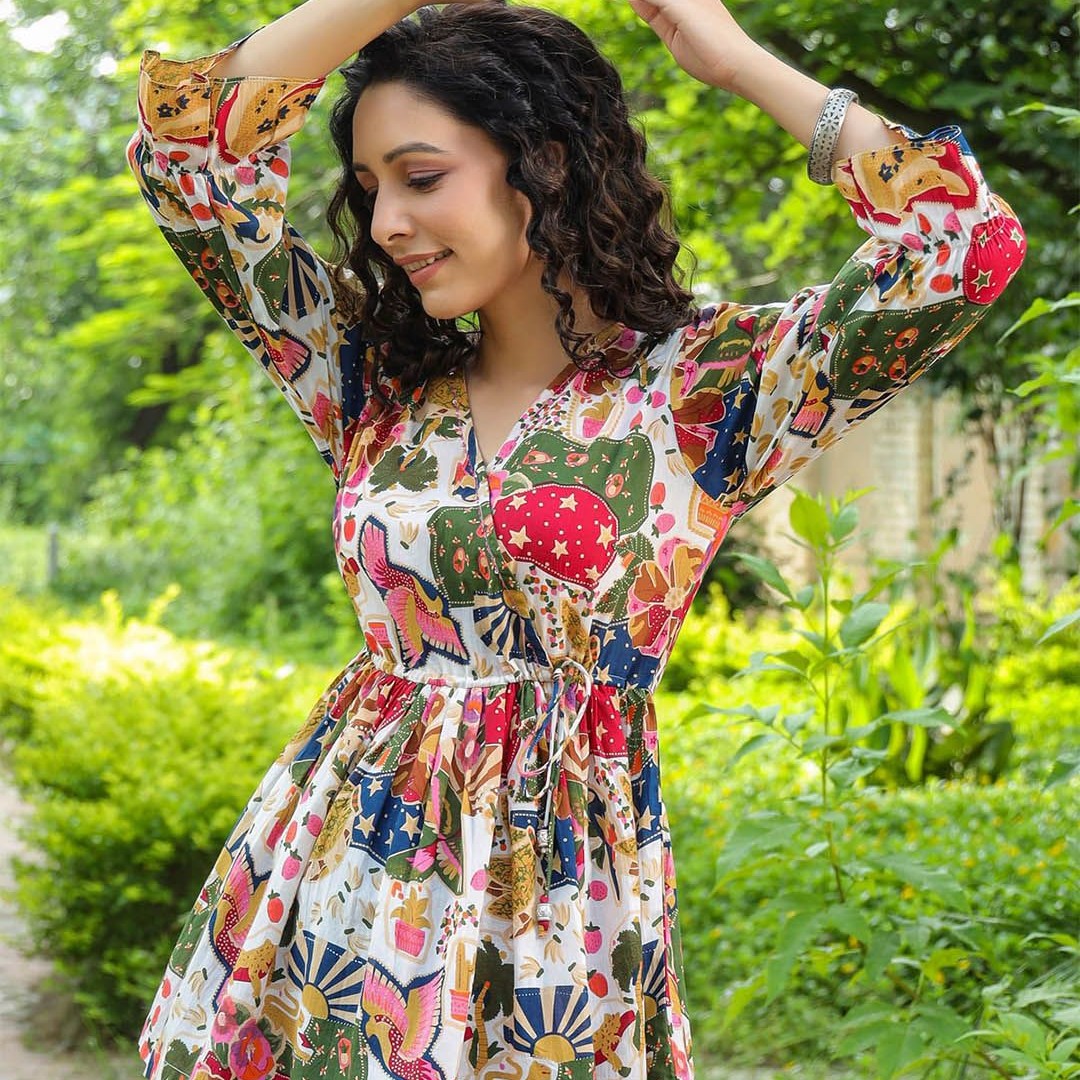 Rain & Rainbow Floral Printed Bell Sleeve Cotton Empire Top