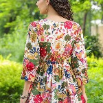 Rain & Rainbow Floral Printed Bell Sleeve Cotton Empire Top