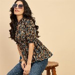 Azira Women Ethnic Printed Mandarin Collar Cotton Top