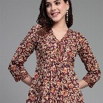 QOMN Floral Printed V-Neck Gathered Pure Cotton Empire Top