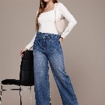 French Connection Women Pure Cotton Wide Leg Light Fade Jeans