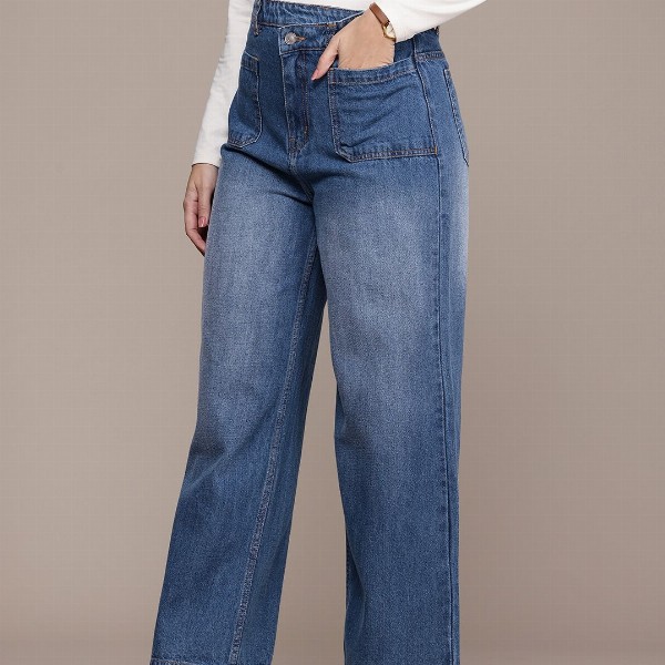 French Connection Women Pure Cotton Wide Leg Light Fade Jeans