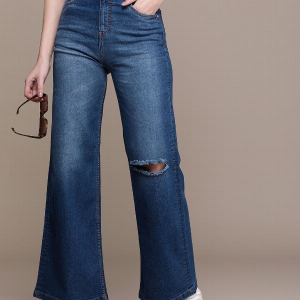 The Roadster Life Co. Women Wide Leg High-Rise Slash Knee Light Fade Stretchable Jeans