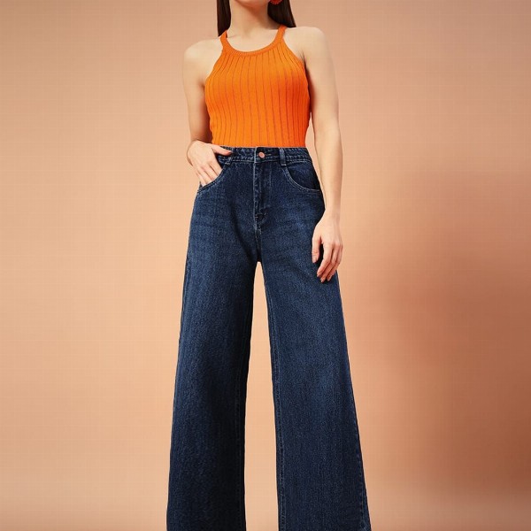 FASHIONFIBRE Women Cotton Comfort Wide Leg High-Rise Light Fade Jeans