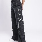 glitchez Women Baggy Wide Leg High-Rise Jeans With Fisheye Studs Tie Up