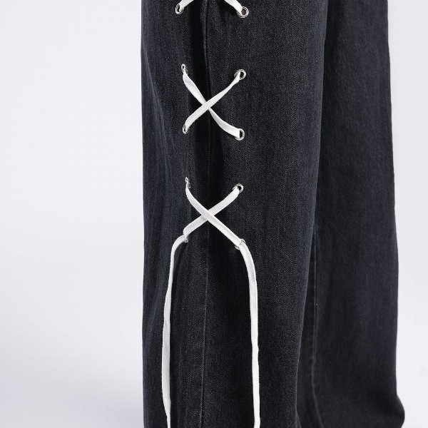 glitchez Women Baggy Wide Leg High-Rise Jeans With Fisheye Studs Tie Up