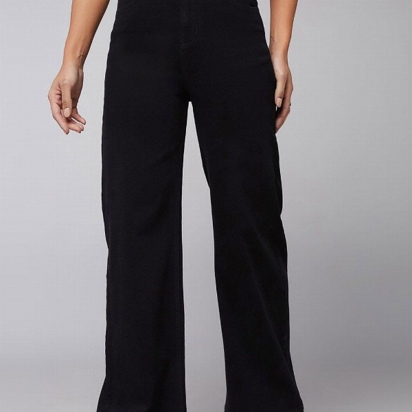 DOLCE CRUDO Women Wide Leg High Rise Clean Look Stretchable Denim Jeans