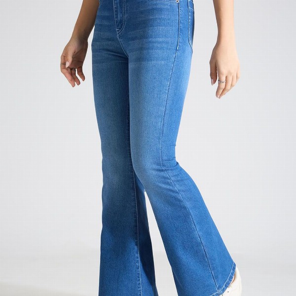 TARAMA Women Flared High Rise Clean Look Light Fade Stretchable Jeans
