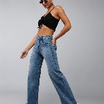 DOLCE CRUDO Women Wide Leg High-Rise Light Fade Stretchable Jeans
