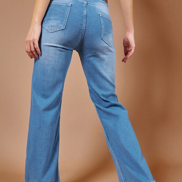Dolce Crudo Women Light Weight Blue Wide Leg Light Fade Stretchable Jeans