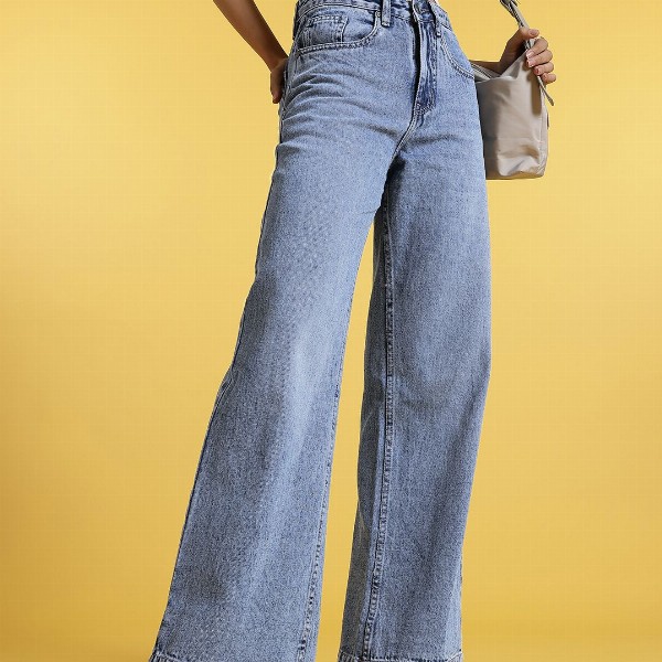 glitchez Women Retro Wide Leg Faded Jeans