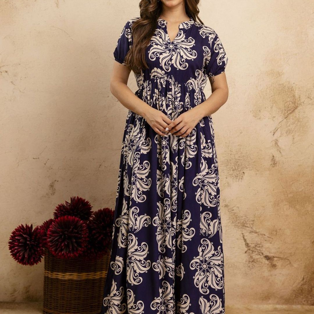 PURSHOTTAM WALA Floral Printed Mandarin Collar A-Line Maxi Dress