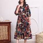 Claura Women Abstract Printed Mandarin Collar A-Line Dress