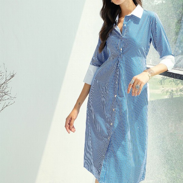 Pink Paprika by SASSAFRAS Striped A-Line Midi Cotton Dress