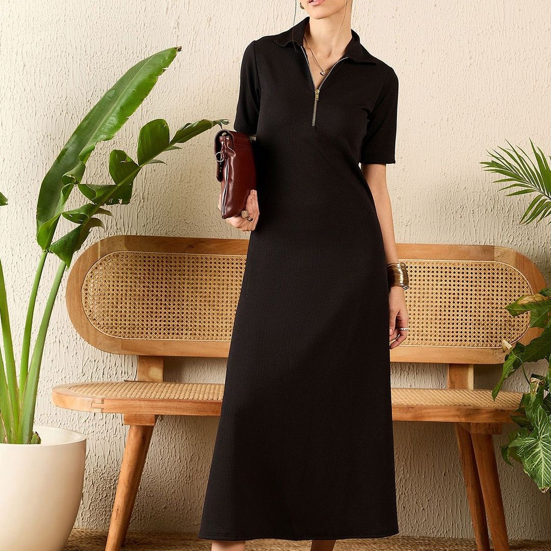 Uptownie Stretchable Front Zip-up Midi Dress