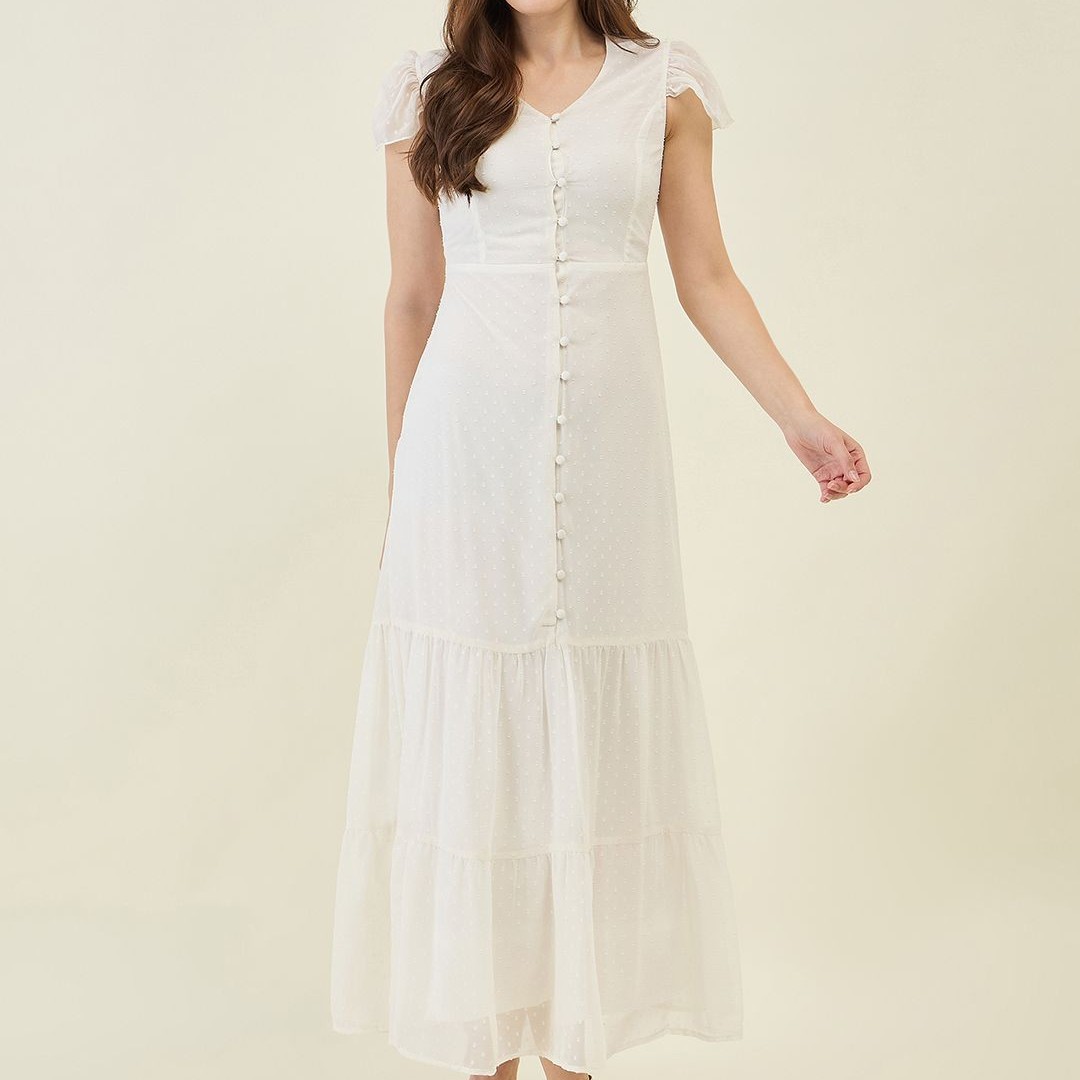 aayu Georgette Self Design A-Line Maxi Tiered Dress