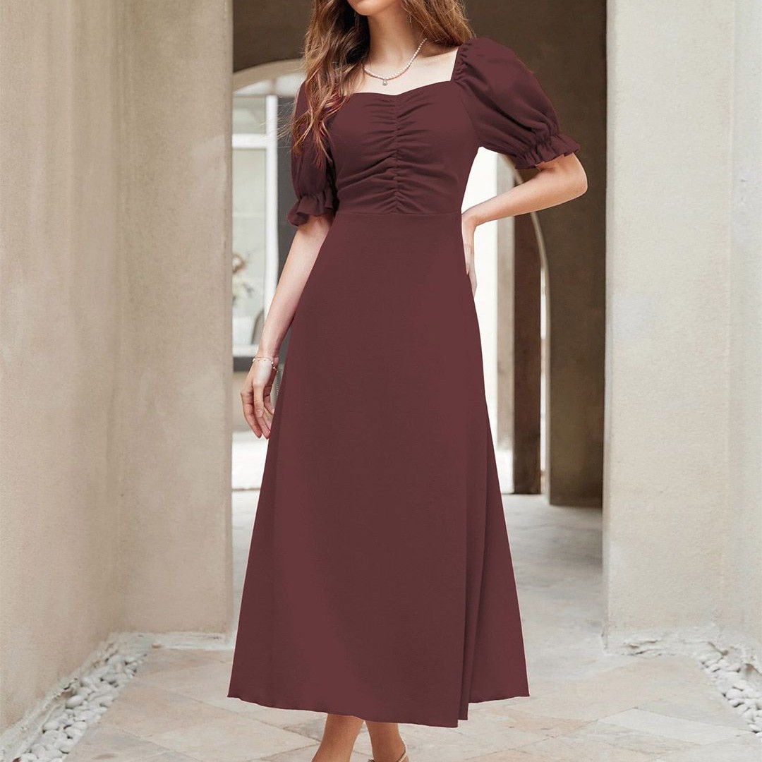 Sugathari Solid Puff Sleeve A-Line Midi Dress