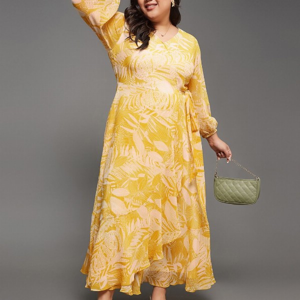Miss Chase A+ Plus Size Floral Printed V-Neck Flared Maxi Dress