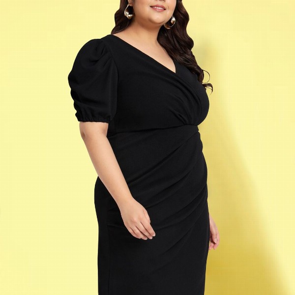 wild U Plus Size Solid V-Neck Puff Sleeves Gathered Wrap Dress