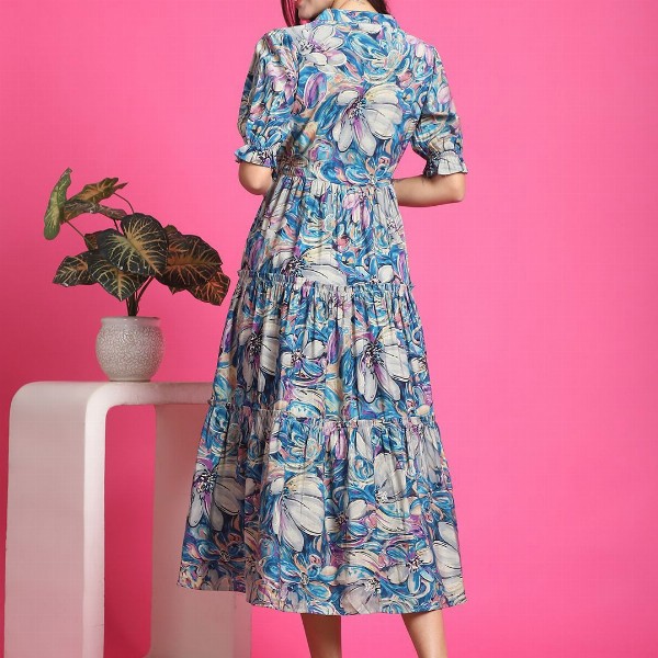 Claura Women Floral Print Mandarin Collar Short Sleeves Fit and Flare Midi Dress