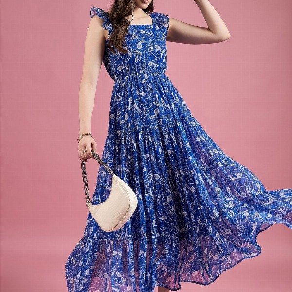 Deewa Floral Print Georgette Fit & Flare Maxi Dress